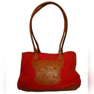 Disney Winnie The Pooh Red Brown Handbag Lg Purse Leather Trim Tigger & Piglet